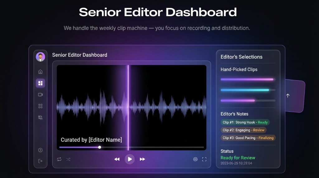 Podcast brand consistency — weekly clips with matching captions, framing, and format