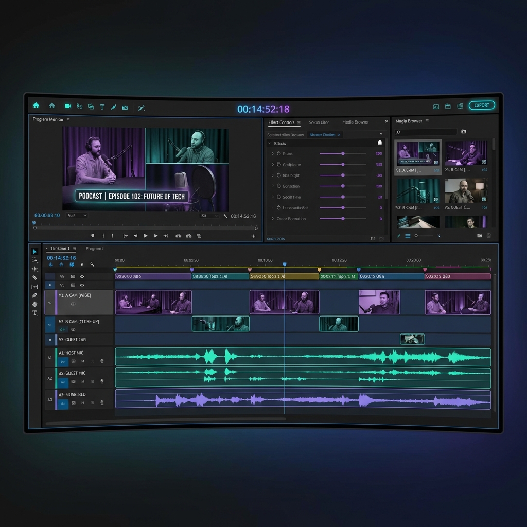Multi-cam podcast episode editing with timeline, waveforms, and chapters