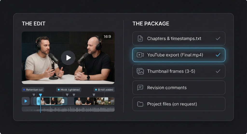 Deliverables package: chapters, export, thumbnail frames, revision comments